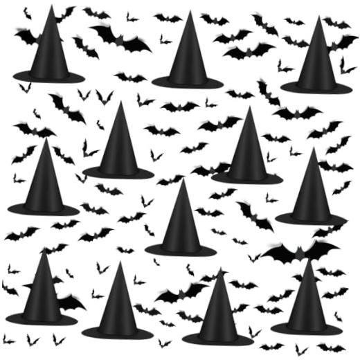12pcs Halloween Black Witch Hat with 157 FT Nylon Cord &120pcs Bat Sticker