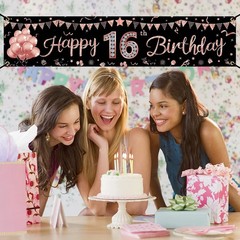 Happy 16Th Birthday Banner Decorations for Girls, Rose Gold Sweet 16 Birthday Pa