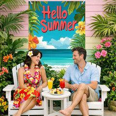 Hello Summer Decorations Surfboard Beach Door Cover Backdrop 71X35 Inch