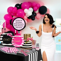 121 Pc Black and Pink Birthday Decorations – Disposable Tableware Set – Serve…