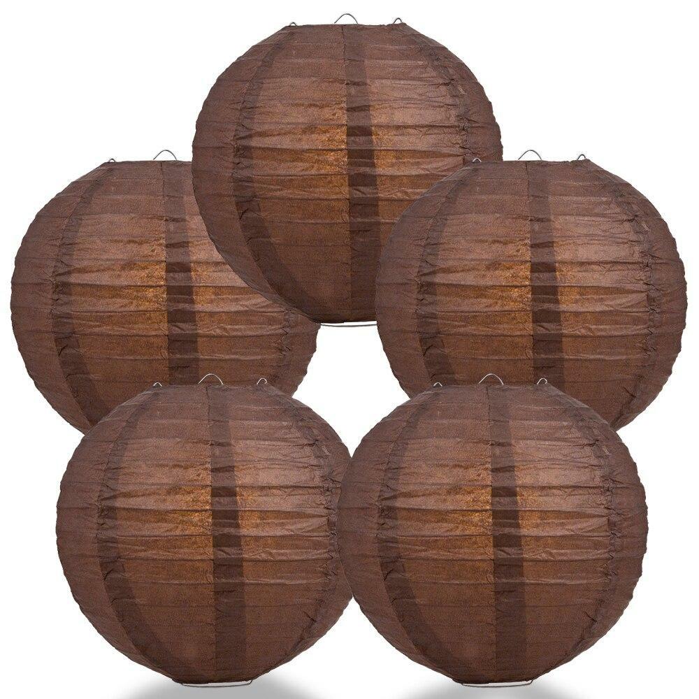 BULK PACK (5) 24″ Brown Round Paper Lantern, Even Ribbing, Chinese Hanging Weddi