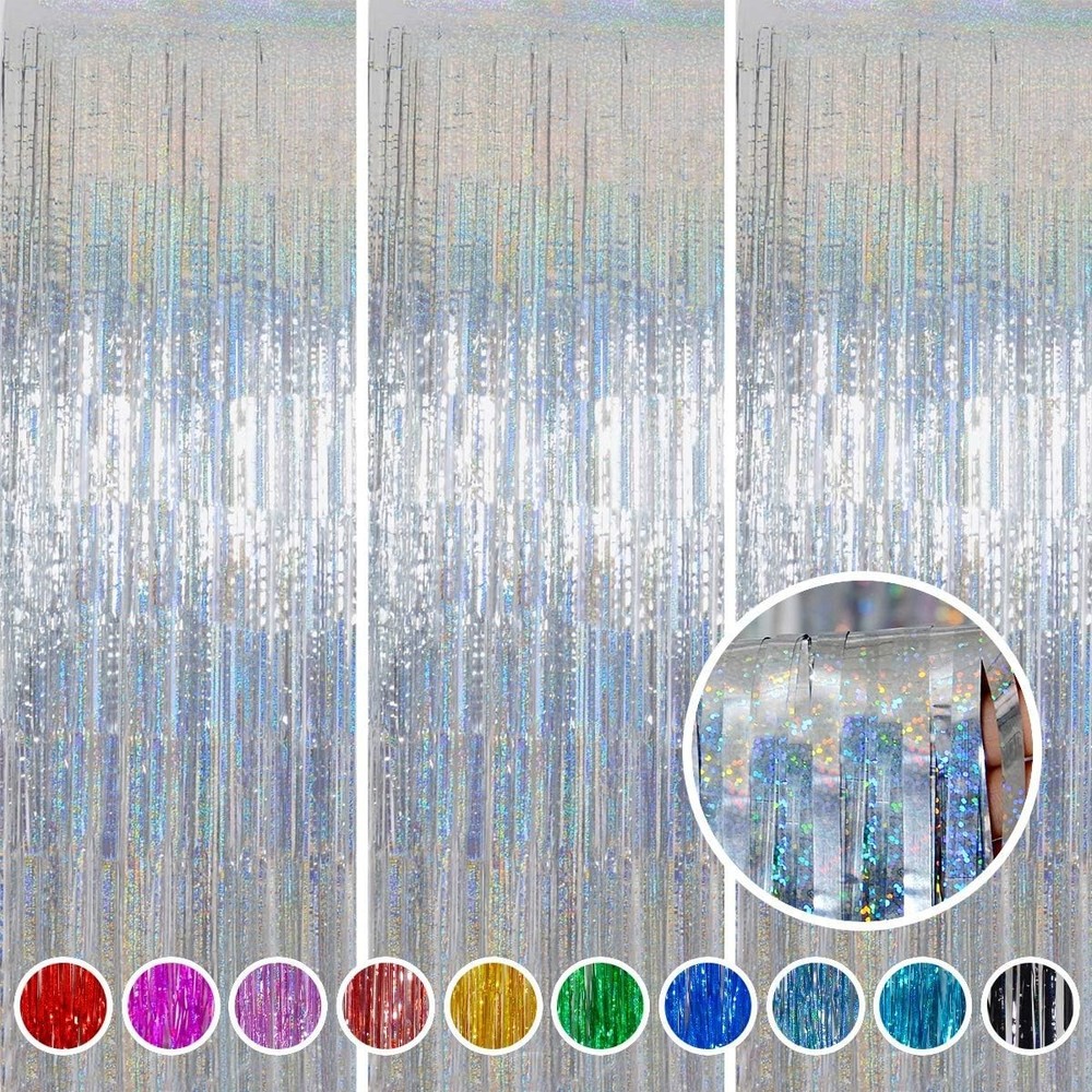 Foil Fringe Curtains Party Decorations – 3 Pack 3.2 x 8.2 ft Tinsel Curtain P…