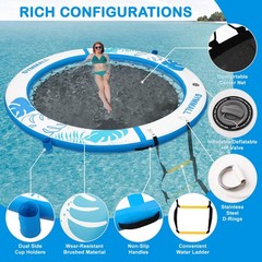 Inflatable Water Hammock Floating Dock 8 FT with Mesh, Tanning Pool Raft Roun…