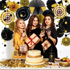 24 Pcs Black and Gold Party Decorations, Paper Fans Pom Poms Garland Decor | …