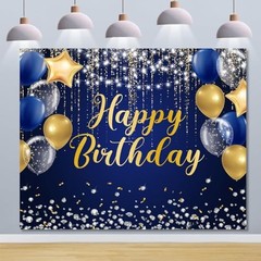 Navy Blue and Gold Happy Birthday Backdrop 10x8ft Royal Blue Birthday Banner