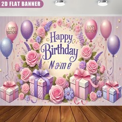 1pc 2D Personalized Happy Birthday Banner Custom Name Age Floral Balloon Party♪