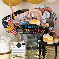 50s Photo Booth Props – 41-pc Photo Booth Kit with 8 x 10-Inch Sign, 60 Adhes…