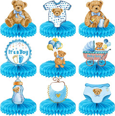 9 Pcs Teddy Bear Honeycomb Centerpieces Its a Boy Baby Shower Table Decorati