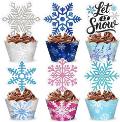 48PCS Snowflake Themed Birthday Party Decorations | 24PCS Cupcake Toppers & 24PC