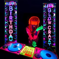 Tegeme 2 Pcs Glow in the Dark Party Supplies Neon Happy Birthday Banner Let’S Gl
