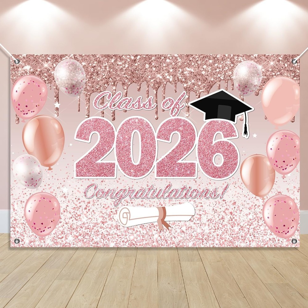 Pink Graduation Decorations Class of 2026, Pink Rose Gold Graduation Backdrop