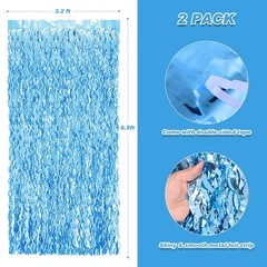 2 Pack 3.2×6.5 Ft Wavy Blue Foil Fringe Backdrop, Tinsel, Ocean Theme Decor