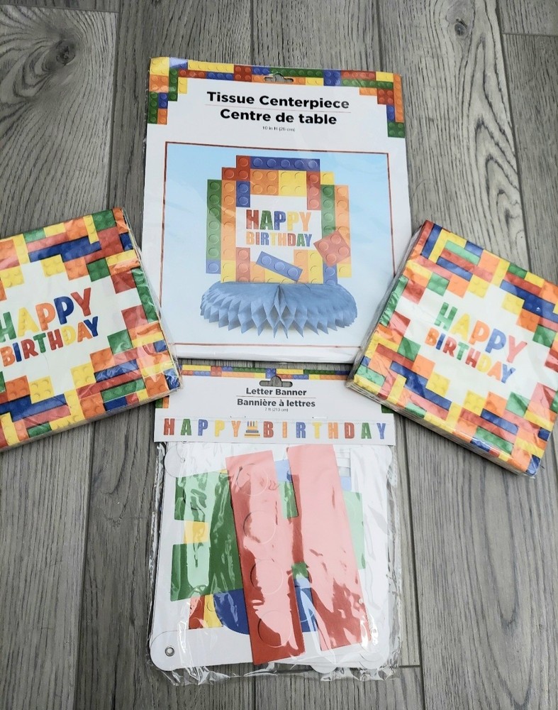 BUILDING BLOCK HAPPY BIRTHDAY PARTY KIT 7′ BANNER ,NAPKINS , 10″CENTER PIECE