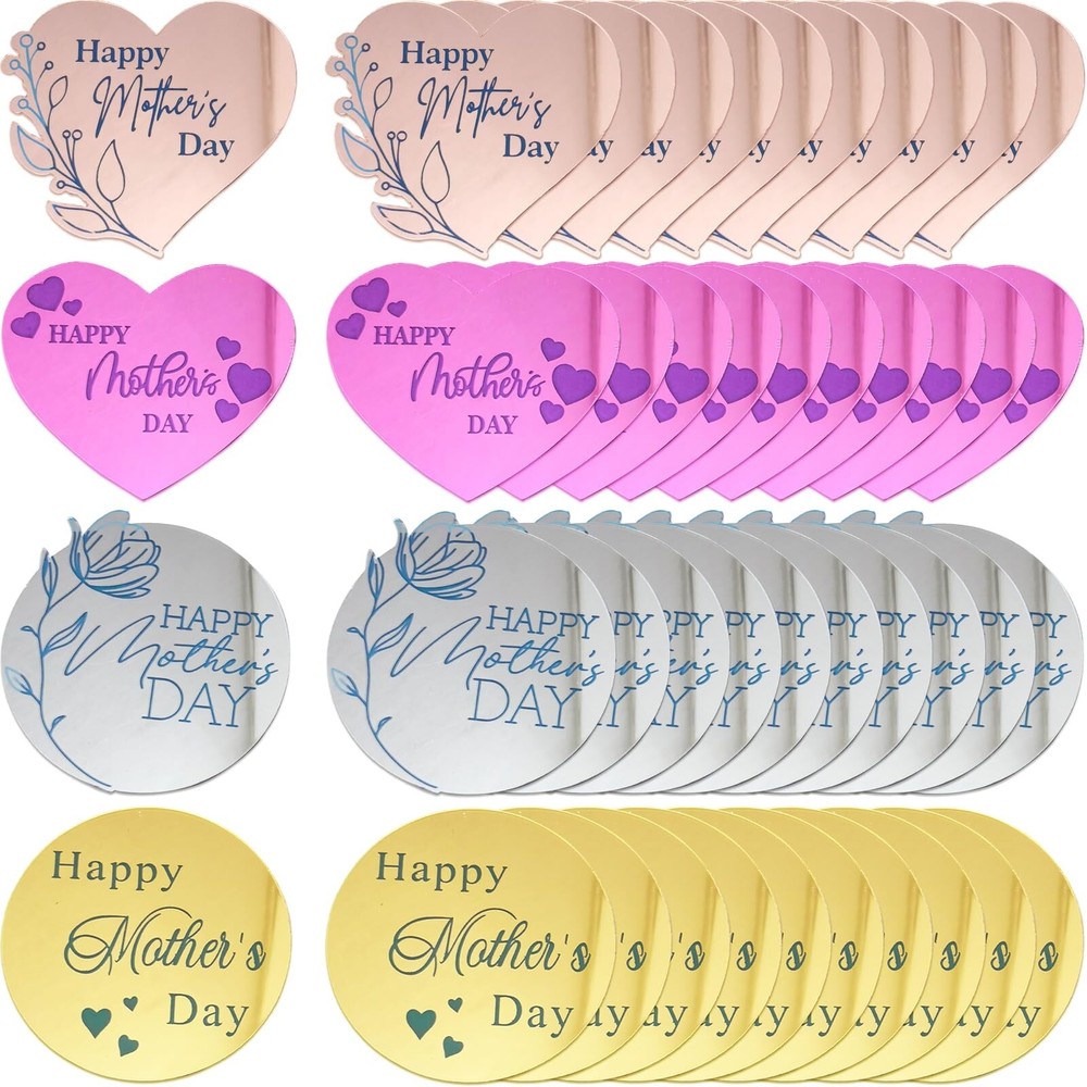 40Pcs Happy Mother’s Day Cupcake Topper Acrylic Cake Disc Heart Round Cake To…