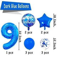9 Balloon Number, Dark Blue Balloon, Blue Confetti Latex Balloon Foil 9 Birth…