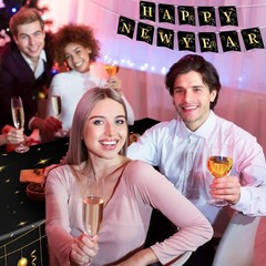 Happy New Year Banner and 3 Pcs Gold and Black Table Cover 2025 New Years Eve Pa
