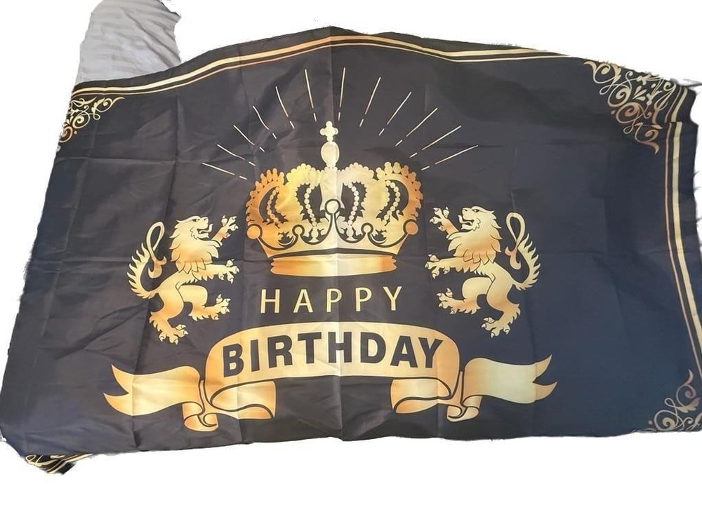 Happy Birthday Backdrop Banner Black Gold Lion Crown 71×43 Inches