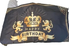Happy Birthday Backdrop Banner Black Gold Lion Crown 71×43 Inches