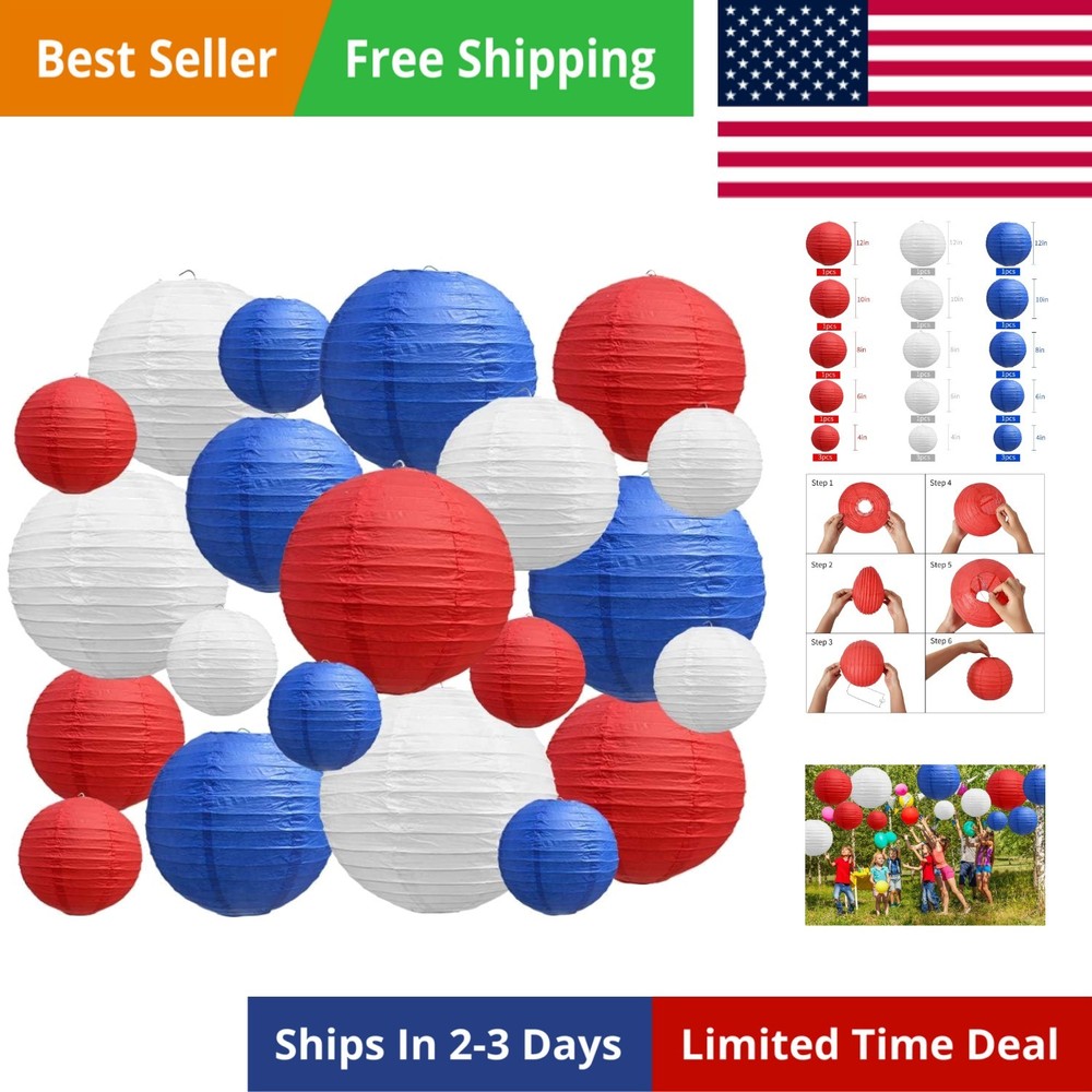 21 Pcs Red Blue White Round Paper Lanterns Decorative Hanging Asia Chinese Ja…