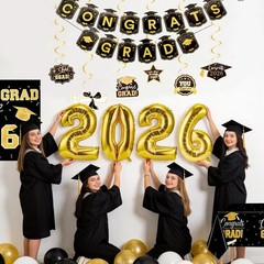 Graduation Decorations 2026 Set Black Gold with Congrats Grad Banner Backdrop…