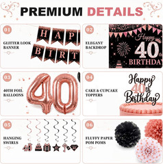 40Th Birthday Decorations for Women, 34PCS Black Rose Gold Birthday Banner Party
