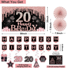 20th Birthday Decorations Kit 32 Pcs Rose Gold Black Party Supplies Set