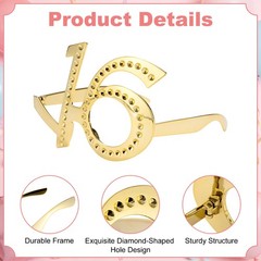 6-Pack Birthday Glasses with Rhinestones, 16th Photo Booth Props [Gold]