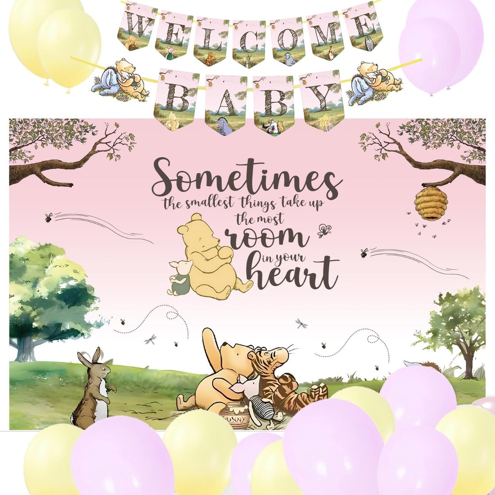 Winnie Baby Shower Decoration Set – “Welcome Baby” Banner, Vintage Balloon Ar…