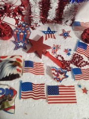 Patriotic Decorations Patriotic Bow, Tinsel Star, Tablecloth, Window Clings…..
