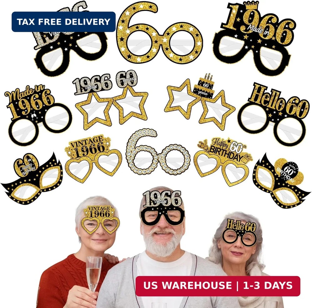 Turypaty 24Pcs 1966 60th Birthday Paper Glasses Decorations for Men Women – Blac