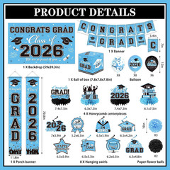 Graduation Decorations 2026 Light Blue Party Decor Set with Congrats Grad Banner