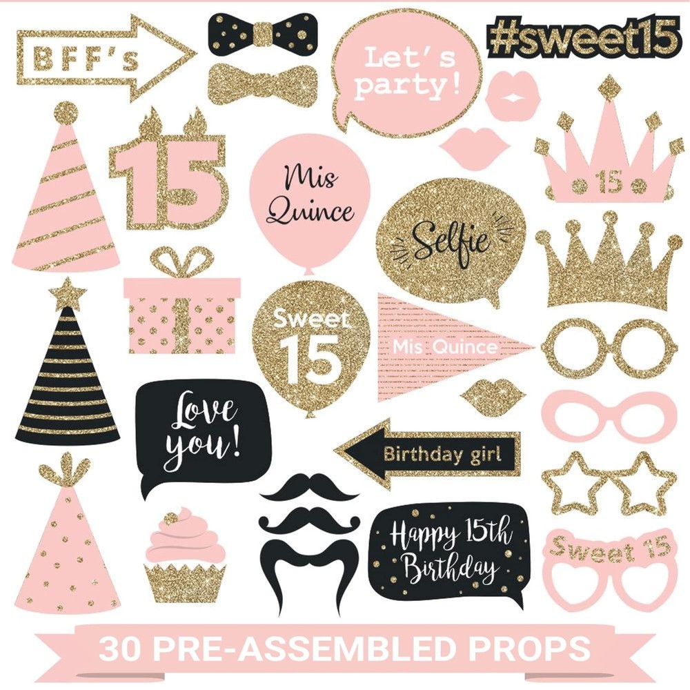 Fully Assembled 15 Quinceanera Photo Booth Props – Set of 30 – Pink & Gold Qu…