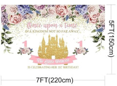 Little Princess 1st Birthday Photo Backdrop Gold Castle Pink and Purple 7′ X 5′