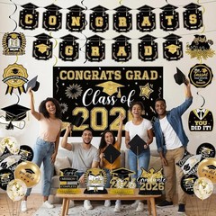 Graduation Decorations 2026 Black Gold Themed Set Included Congrats Grad Bann…