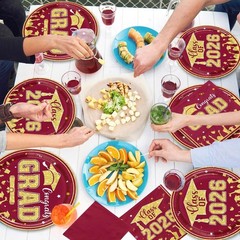 Maroon Gold Graduation Decorations 2026,200Pcs Maroon Graduation Plates and Napk