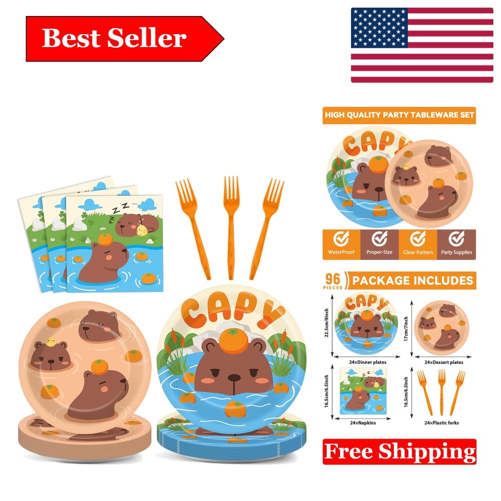 96Pcs Capybara Party Supplies Plates Napkins Decor Dinnerware Animal Theme fo…