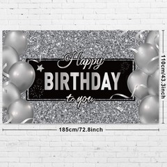 Sumind Black Silver Happy Birthday Banner Backdrop Party 185 x 110 cm,