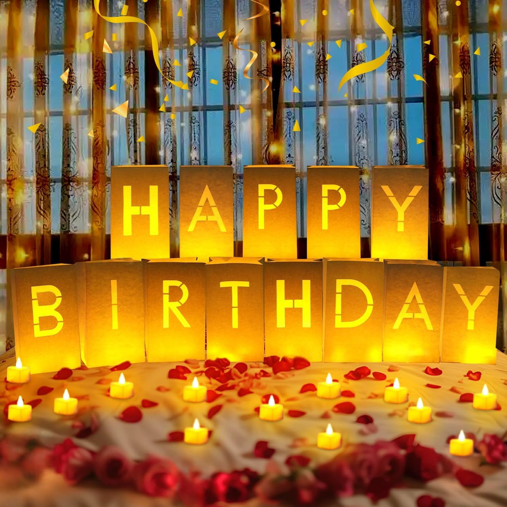 Happy Birthday Decorations for Women Men, Light up Letters Luminary Bags with 30