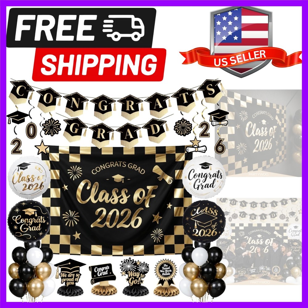 Graduation Decorations Class of 2026 Black Gold White 40pcs Grad Party Suppli…