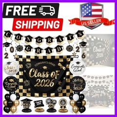 Graduation Decorations Class of 2026 Black Gold White 40pcs Grad Party Suppli…