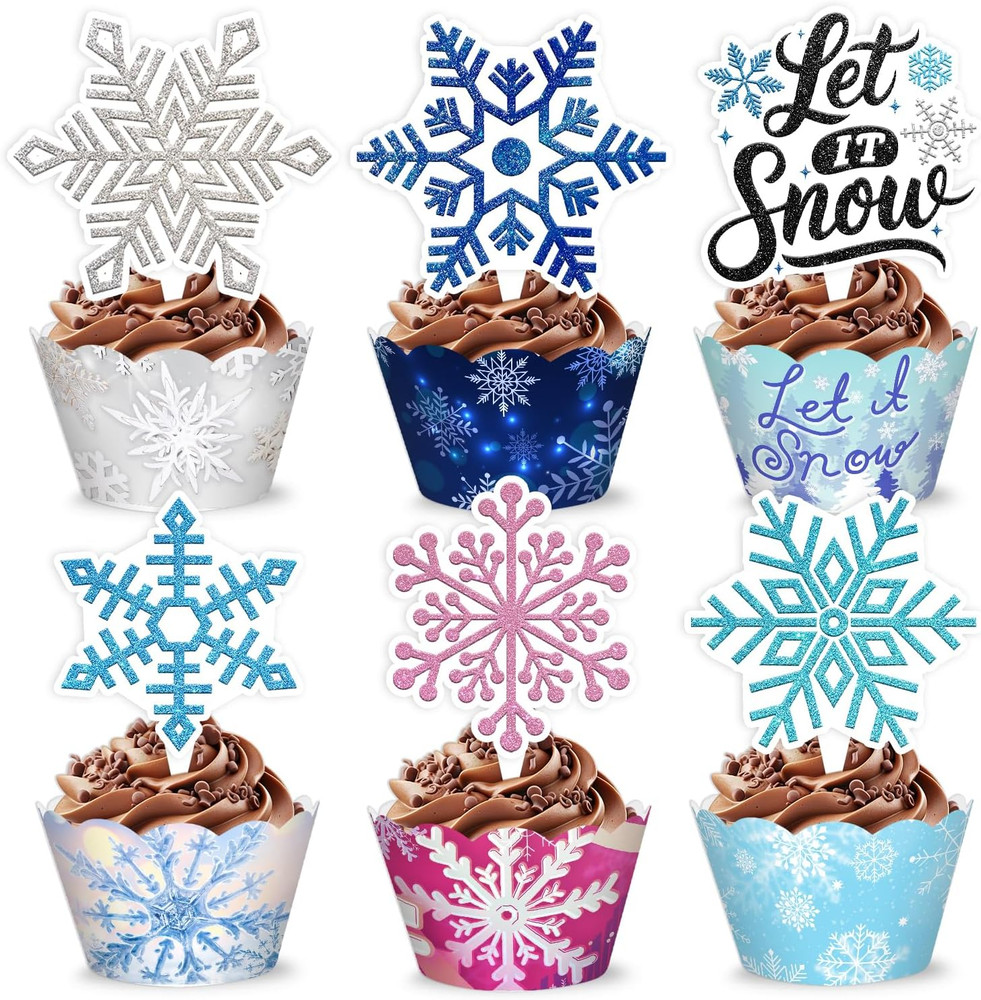 48PCS Snowflake Themed Birthday Party Decorations | 24PCS Cupcake Toppers & 24PC