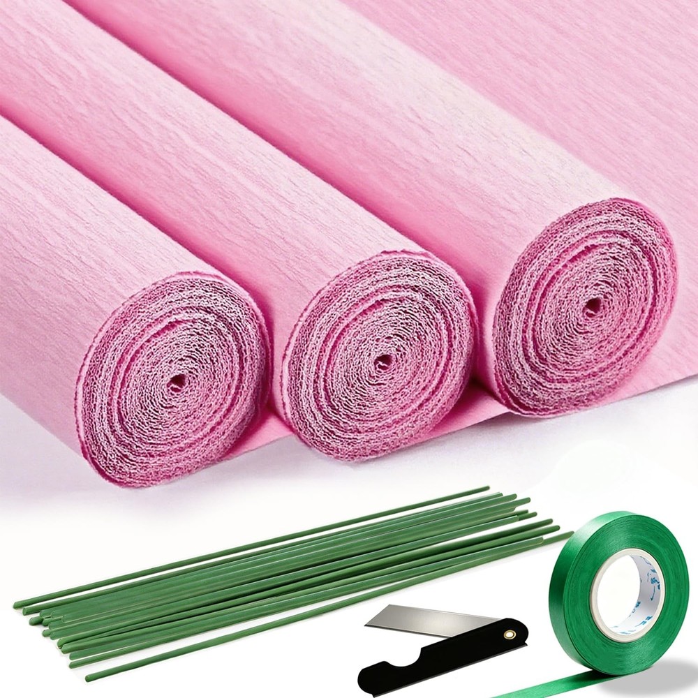3 PCS Pink Crepe Paper 9.8 Inch x 8.2 Ft Flower Making Papel Crepe Decor