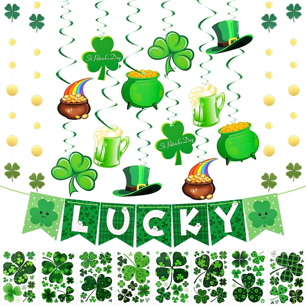 37 Pcs St. Patrick’s Day Decor, 1 Festive Banner, 12 Hanging Spiral Decorations