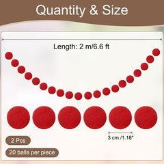 2pcs Pom Pom Garland 6.6 ft 20 Balls for Crafts Decor(Red)