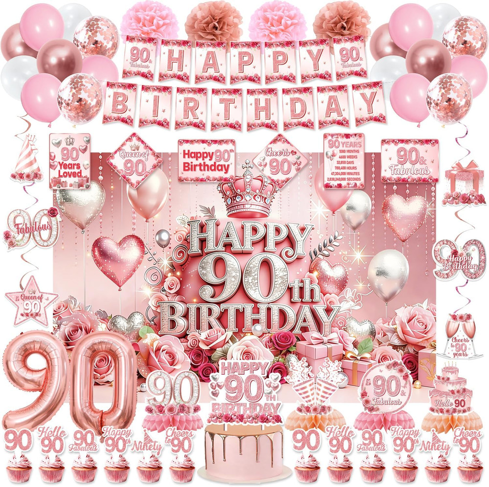 90Th Birthday Decorations for Women, Pink Rose Gold Flower 90 Years Old Party