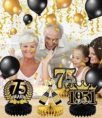 Elegant 9 Pcs 75th Birthday Decorations for Men & Women – Honeycomb Design
