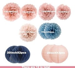 Dusty Pink Blue Hanging Party Decorations with Tissue Dusty Blue + Rose Gold