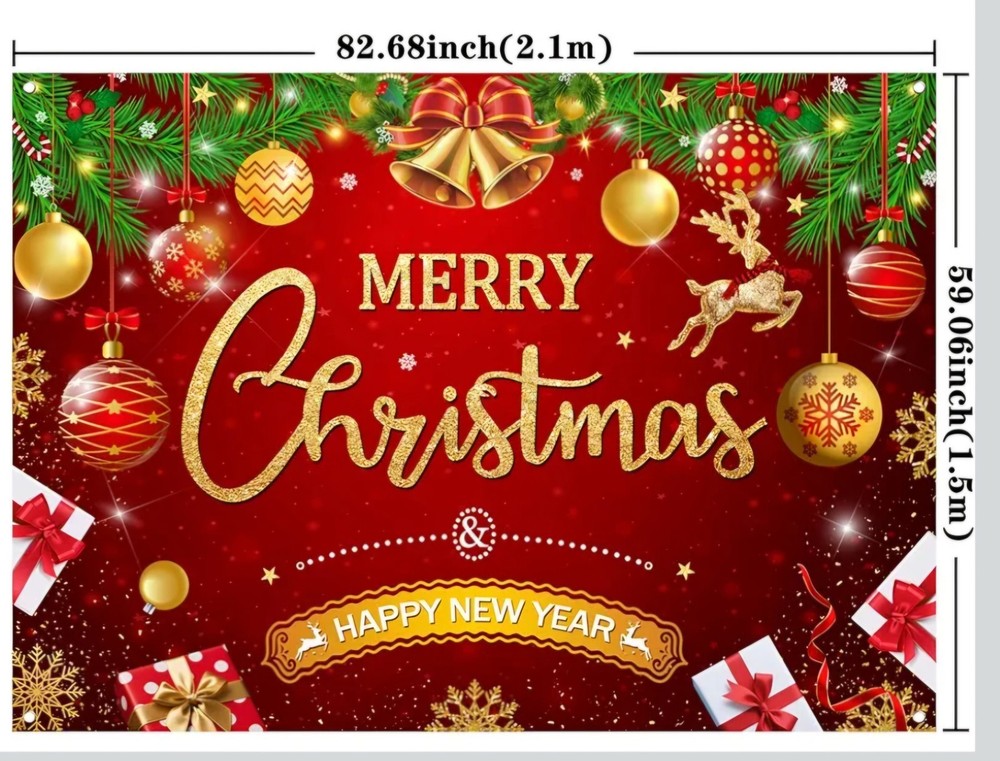 Merry Christmas & Happy New Year photo backdrop 83x59inches NIP party fabric