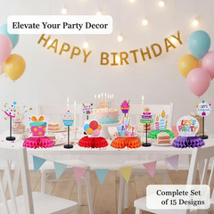 15 Pcs Birthday Table Centerpieces Set – Colorful Honeycomb Balls & Wooden Table