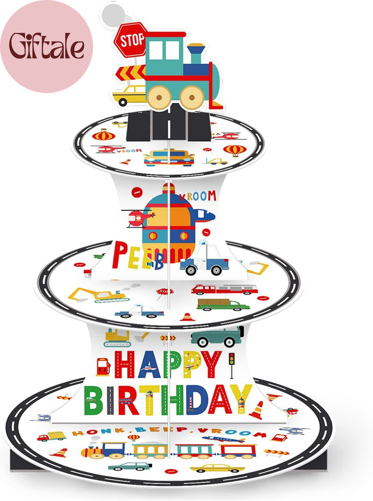 3 Tier Transportation Themed Cupcake Stand with Topper Train Birthday Decoration
